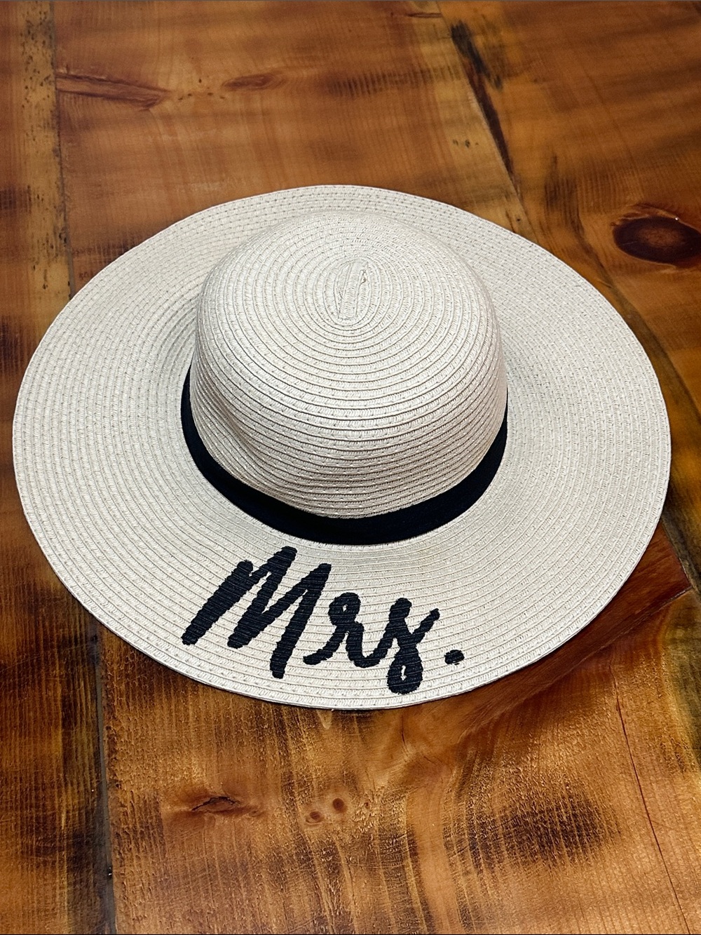 Mrs. Script Wide-Brim Straw Sun Hat - Cream with Black Accent